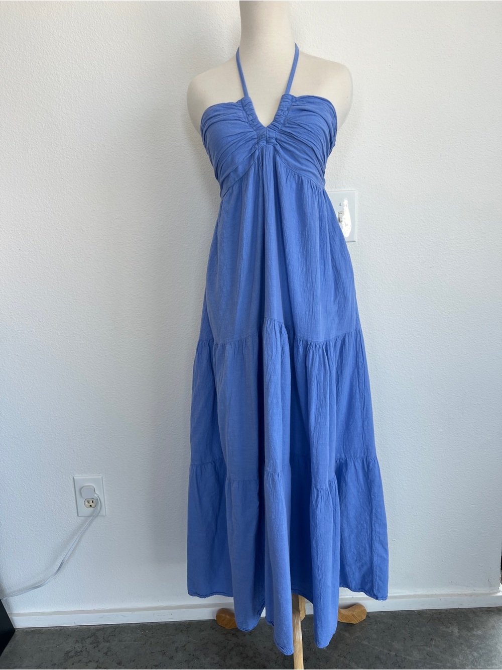 Blanco by Nature Blue Cotton Halter Open Back Tiered Maxi Dress Pockets Small